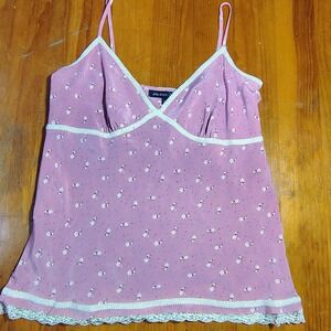 Jaloux Pink Floral Print Lace Trim Camisole Top L y2k festival babydoll coquette